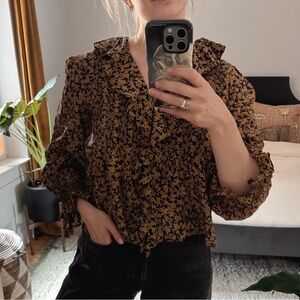 Doen Black and Brown Floral Ruffled Blouse with Buttons